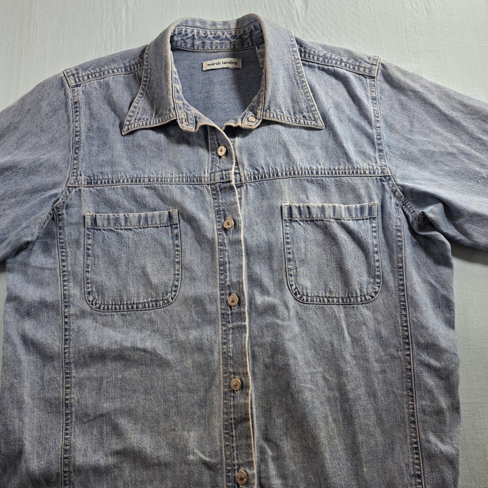 Marsh Landing Womens Medium Denim Button Up Shirt Long Sleeve Blue Cotton Top